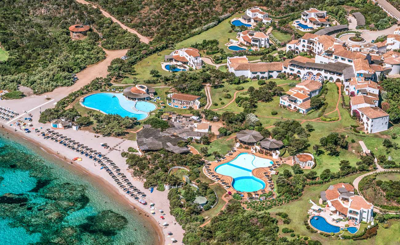 Romazzino beach and pool aerial view