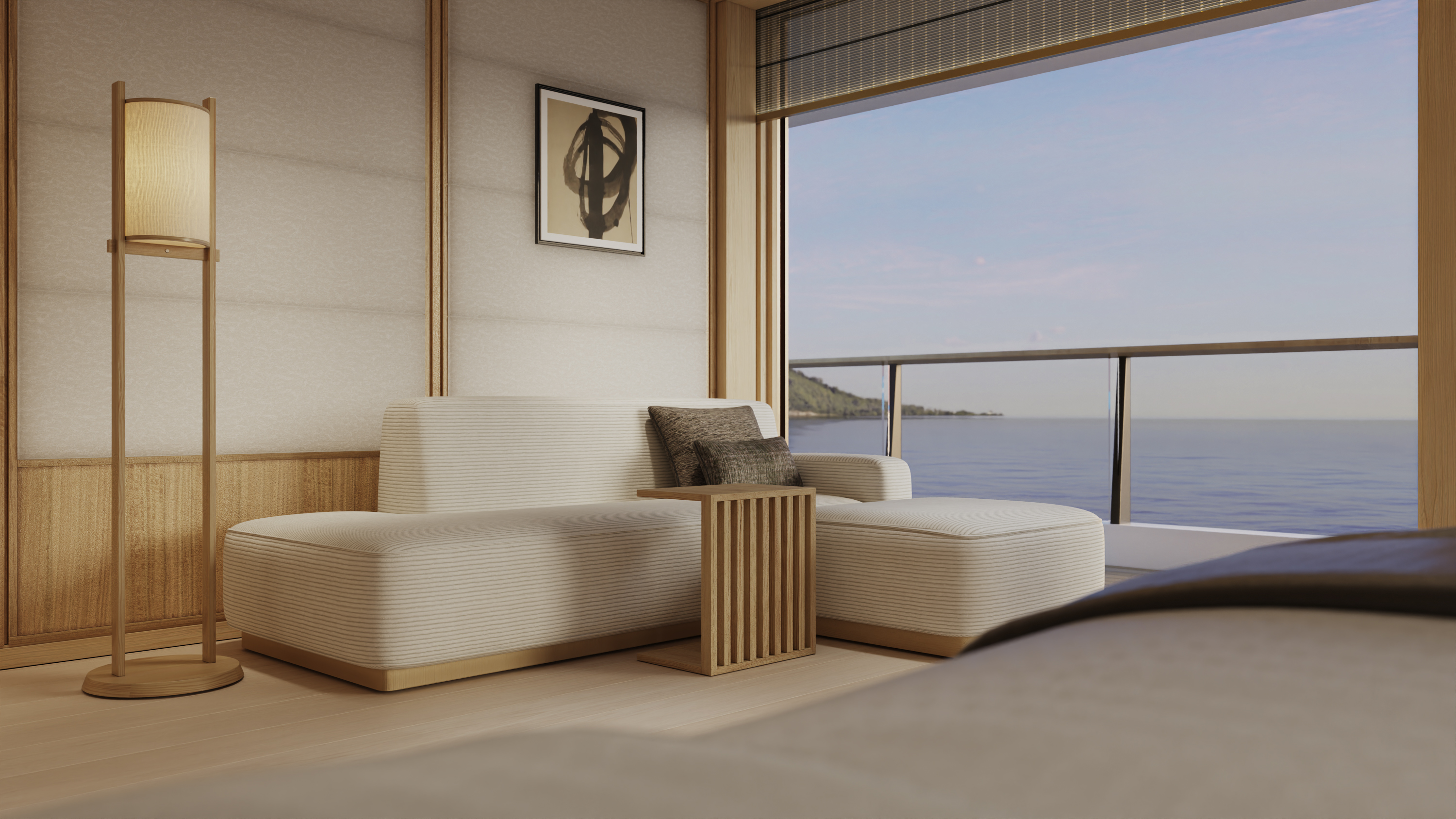 Suita Amangati Signature — interior cu ferestre cu vedere la mare